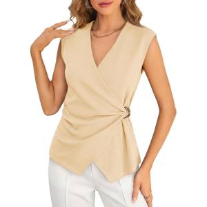 imageCicy Bell Womens Summer V Neck Wrap Tank Tops Casual Dressy Ruched Vest Tops Slim Fit Work Metal Buckle Sleeveless ShirtsBeige