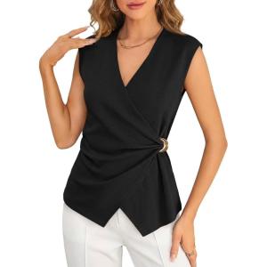 imageCicy Bell Womens Summer V Neck Wrap Tank Tops Casual Dressy Ruched Vest Tops Slim Fit Work Metal Buckle Sleeveless ShirtsBlack