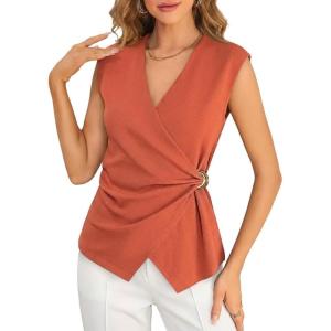 imageCicy Bell Womens Summer V Neck Wrap Tank Tops Casual Dressy Ruched Vest Tops Slim Fit Work Metal Buckle Sleeveless ShirtsGrayish Orange