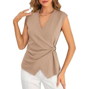 imageCicy Bell Womens Summer V Neck Wrap Tank Tops Casual Dressy Ruched Vest Tops Slim Fit Work Metal Buckle Sleeveless ShirtsKhaki