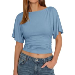 imageCicy Bell Womens Summer Wrap Tops Casual Short Sleeve Tie Back Cinched Waist T Shirts Trendy Boat Neck BlouseBluish Gray