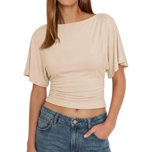 imageCicy Bell Womens Summer Wrap Tops Casual Short Sleeve Tie Back Cinched Waist T Shirts Trendy Boat Neck BlouseLight Khaki