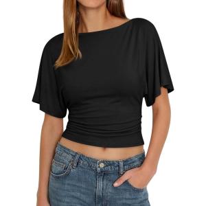 imageCicy Bell Womens Summer Wrap Tops Casual Short Sleeve Tie Back T Shirts Trendy Boat Neck BlouseBlack