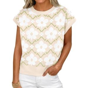 imageCicy Bell Womens Sweater Vest Summer Floral Cap Sleeve Sweaters Crew Neck Dressy Casual Knit Trendy 2026 TopsBeige