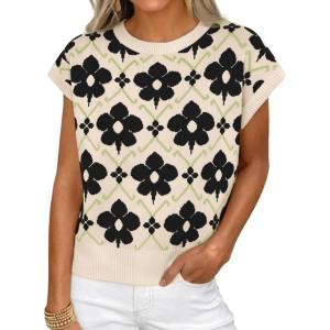 imageCicy Bell Womens Sweater Vest Summer Floral Cap Sleeve Sweaters Crew Neck Dressy Casual Knit Trendy 2026 TopsBlack