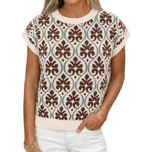 imageCicy Bell Womens Sweater Vest Summer Floral Cap Sleeve Sweaters Crew Neck Dressy Casual Knit Trendy 2026 TopsCoffee