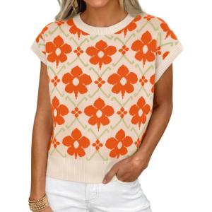 imageCicy Bell Womens Sweater Vest Summer Floral Cap Sleeve Sweaters Crew Neck Dressy Casual Knit Trendy 2026 TopsOrange