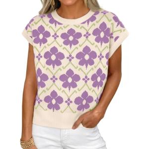 imageCicy Bell Womens Sweater Vest Summer Floral Cap Sleeve Sweaters Crew Neck Dressy Casual Knit Trendy 2026 TopsPale Purple