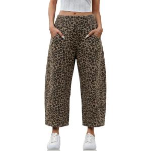 imageCicy Bell Womens Wide Leg Cropped Jeans Baggy Boyfriend Smocked Mid Rise Harem Denim PantsLeopard Print