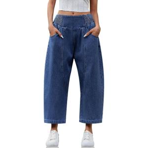 imageCicy Bell Womens Wide Leg Cropped Jeans Baggy Boyfriend Smocked Mid Rise Harem Denim PantsNavy