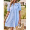 imageCicy Bell Womens Puff Sleeve Peter Pan Collar Mini Shirt Dress Button Down Summer Casual Textured Short Dresses with PocketsSky Blue