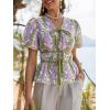 imageCicy Bell Womens Puff Sleeve Tie Front Tops Summer Babydoll Peplum V Neck Blouse Casual Dressy Pleated Floral Print ShirtsArmy Green