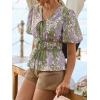 imageCicy Bell Womens Puff Sleeve Tie Front Tops Summer Babydoll Peplum V Neck Blouse Casual Dressy Pleated Floral Print ShirtsArmy Green