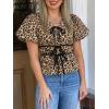 imageCicy Bell Womens Puff Sleeve Tie Front Tops Summer Babydoll Peplum V Neck Blouse Casual Dressy Pleated Floral Print ShirtsLeopard Print