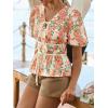 imageCicy Bell Womens Puff Sleeve Tie Front Tops Summer Babydoll Peplum V Neck Blouse Casual Dressy Pleated Floral Print ShirtsOrange