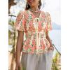 imageCicy Bell Womens Puff Sleeve Tie Front Tops Summer Babydoll Peplum V Neck Blouse Casual Dressy Pleated Floral Print ShirtsOrange