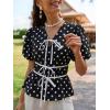 imageCicy Bell Womens Puff Sleeve Tie Front Tops Summer Babydoll Peplum V Neck Blouse Casual Dressy Pleated Floral Print ShirtsPolka Dot