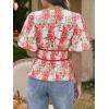 imageCicy Bell Womens Puff Sleeve Tie Front Tops Summer Babydoll Peplum V Neck Blouse Casual Dressy Pleated Floral Print ShirtsRed