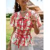 imageCicy Bell Womens Puff Sleeve Tie Front Tops Summer Babydoll Peplum V Neck Blouse Casual Dressy Pleated Floral Print ShirtsRed