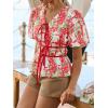 imageCicy Bell Womens Puff Sleeve Tie Front Tops Summer Babydoll Peplum V Neck Blouse Casual Dressy Pleated Floral Print ShirtsRed