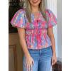 imageCicy Bell Womens Puff Sleeve Tie Front Tops Summer Babydoll Peplum V Neck Blouse Casual Dressy Pleated Floral Print ShirtsRose Red
