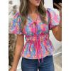imageCicy Bell Womens Puff Sleeve Tie Front Tops Summer Babydoll Peplum V Neck Blouse Casual Dressy Pleated Floral Print ShirtsRose Red