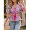 imageCicy Bell Womens Puff Sleeve Tie Front Tops Summer Babydoll Peplum V Neck Blouse Casual Dressy Pleated Floral Print ShirtsRose Red