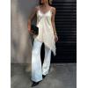 imageCicy Bell Womens Summer Satin Lace Cami Tops Sexy V Neck Asymmetrical Backless Camisole Club Spaghetti Strap Silky DressBeige