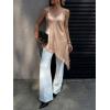 imageCicy Bell Womens Summer Satin Lace Cami Tops Sexy V Neck Asymmetrical Backless Camisole Club Spaghetti Strap Silky DressKhaki