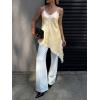 imageCicy Bell Womens Summer Satin Lace Cami Tops Sexy V Neck Asymmetrical Backless Camisole Club Spaghetti Strap Silky DressYellow