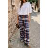 imageCicy Bell Womens Wide Leg Palazzo Pants Casual Baggy Elastic Plaid Pants High Wiasted Y2K Trousers with PocketsDark Blue