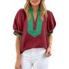 imageCicy Bell Womens Color Block Puff Sleeve Blouses Summer Casual Dressy V Neck Tops Loose Fit Tee ShirtsBurgundy