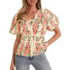 imageCicy Bell Womens Puff Sleeve Tie Front Tops Summer Babydoll Peplum V Neck Blouse Casual Dressy Pleated Floral Print ShirtsOrange