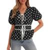 imageCicy Bell Womens Puff Sleeve Tie Front Tops Summer Babydoll Peplum V Neck Blouse Casual Dressy Pleated Floral Print ShirtsPolka Dot