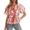imageCicy Bell Womens Puff Sleeve Tie Front Tops Summer Babydoll Peplum V Neck Blouse Casual Dressy Pleated Floral Print ShirtsRed