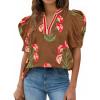 imageCicy Bell Womens Summer Puff Sleeve Blouses Casual Dressy V Neck Color Block Tops Loose Fit Boho Floral Printed Tee ShirtsBrown
