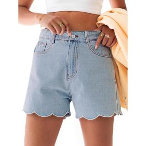 imageAoysky Womens High Waisted Denim Shorts Summer Straight Leg Wave Hem Short Jeans Casual Trendy JortBaby Blue