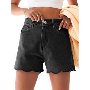 imageAoysky Womens High Waisted Denim Shorts Summer Straight Leg Wave Hem Short Jeans Casual Trendy JortBlack