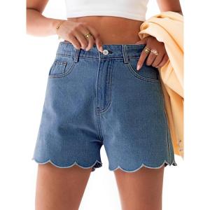 imageAoysky Womens High Waisted Denim Shorts Summer Straight Leg Wave Hem Short Jeans Casual Trendy JortBlue