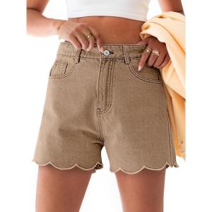imageAoysky Womens High Waisted Denim Shorts Summer Straight Leg Wave Hem Short Jeans Casual Trendy JortKhaki
