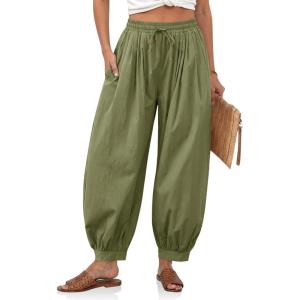 imageCicy Bell Womens Baggy Pleated Harem Pants Summer Elastic High Waisted Wide Leg Balloon Cotton Lounge PantsArmy Green