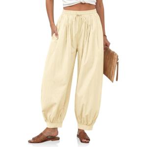 imageCicy Bell Womens Baggy Pleated Harem Pants Summer Elastic High Waisted Wide Leg Balloon Cotton Lounge PantsBeige