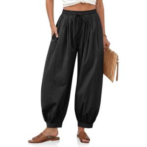 imageCicy Bell Womens Baggy Pleated Harem Pants Summer Elastic High Waisted Wide Leg Balloon Cotton Lounge PantsBlack