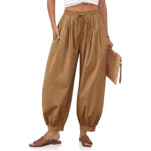 imageCicy Bell Womens Baggy Pleated Harem Pants Summer Elastic High Waisted Wide Leg Balloon Cotton Lounge PantsBrown