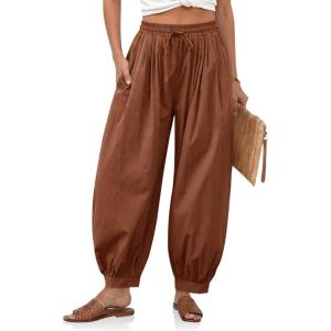 imageCicy Bell Womens Baggy Pleated Harem Pants Summer Elastic High Waisted Wide Leg Balloon Cotton Lounge PantsCaramel