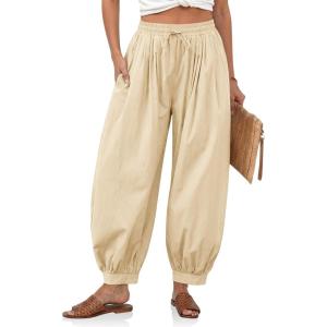 imageCicy Bell Womens Baggy Pleated Harem Pants Summer Elastic High Waisted Wide Leg Balloon Cotton Lounge PantsLight Khaki