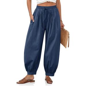 imageCicy Bell Womens Baggy Pleated Harem Pants Summer Elastic High Waisted Wide Leg Balloon Cotton Lounge PantsNavy