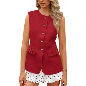 imageCicy Bell Womens Blazer Vest Tops Crew Neck Ruffle Flap Pockets Sleeveless Suit Vests Summer Business Casual OutfitsRed