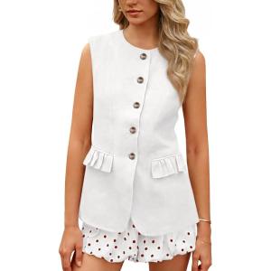 imageCicy Bell Womens Blazer Vest Tops Crew Neck Ruffle Flap Pockets Sleeveless Suit Vests Summer Business Casual OutfitsWhite