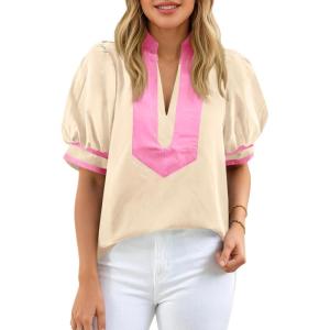 imageCicy Bell Womens Color Block Puff Sleeve Blouses Summer Casual Dressy V Neck Tops Loose Fit Tee ShirtsBeige